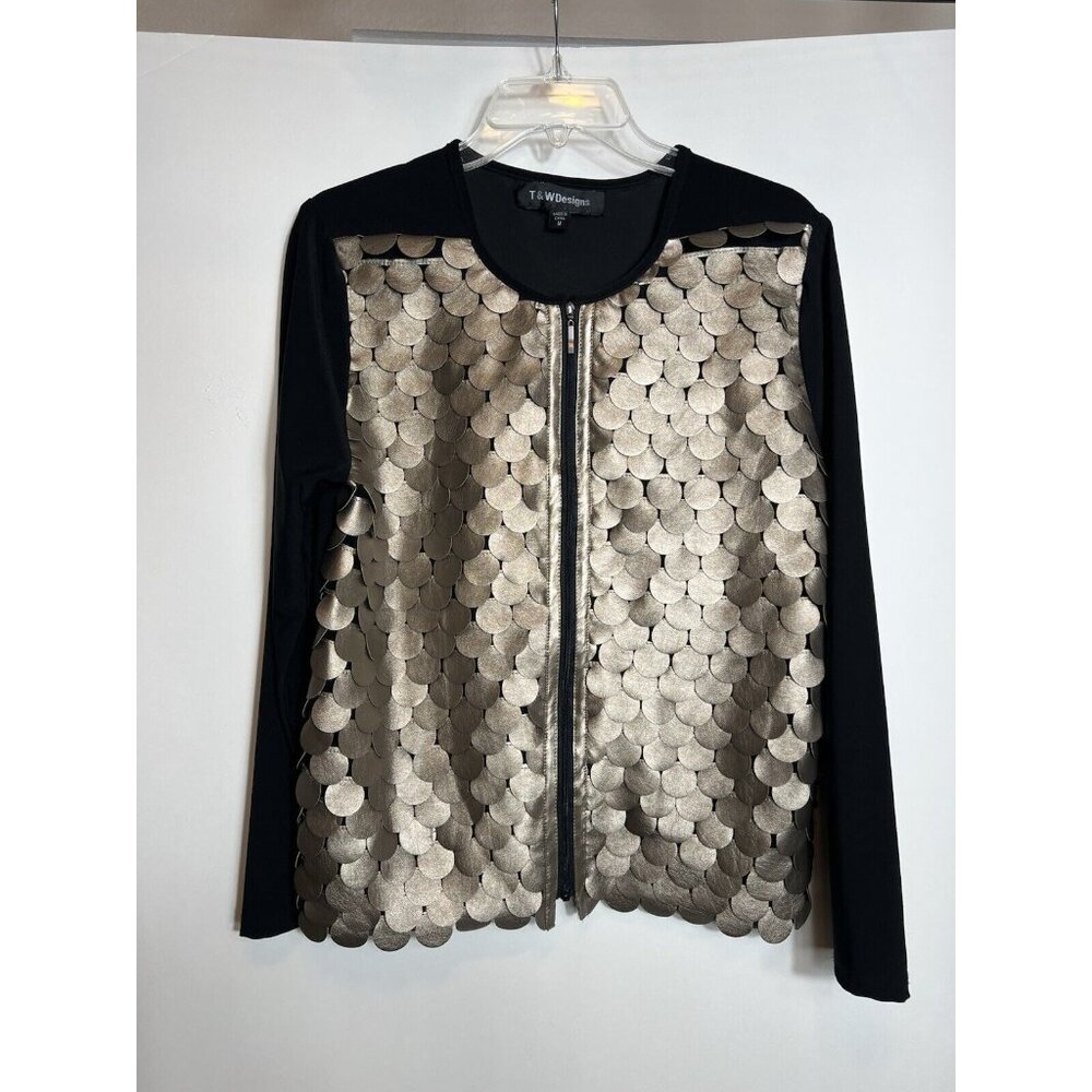 T & W‎ Designs Zip Up Dressy Jacket black & Faux Leather Women’s Sz Large